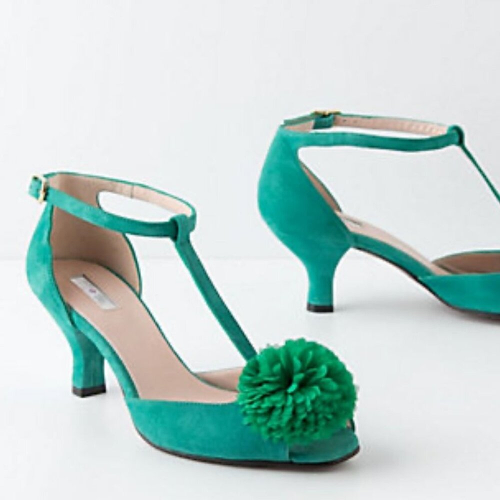 Anthropologie Teal Green Suede T-Strap Heels with Pom Pom